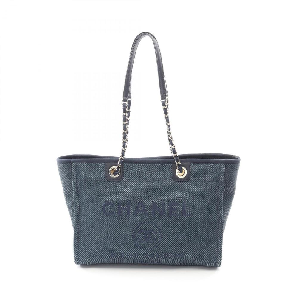 Chanel Deauville Tote Bag Leather Straw Tan Blue Navy Blue